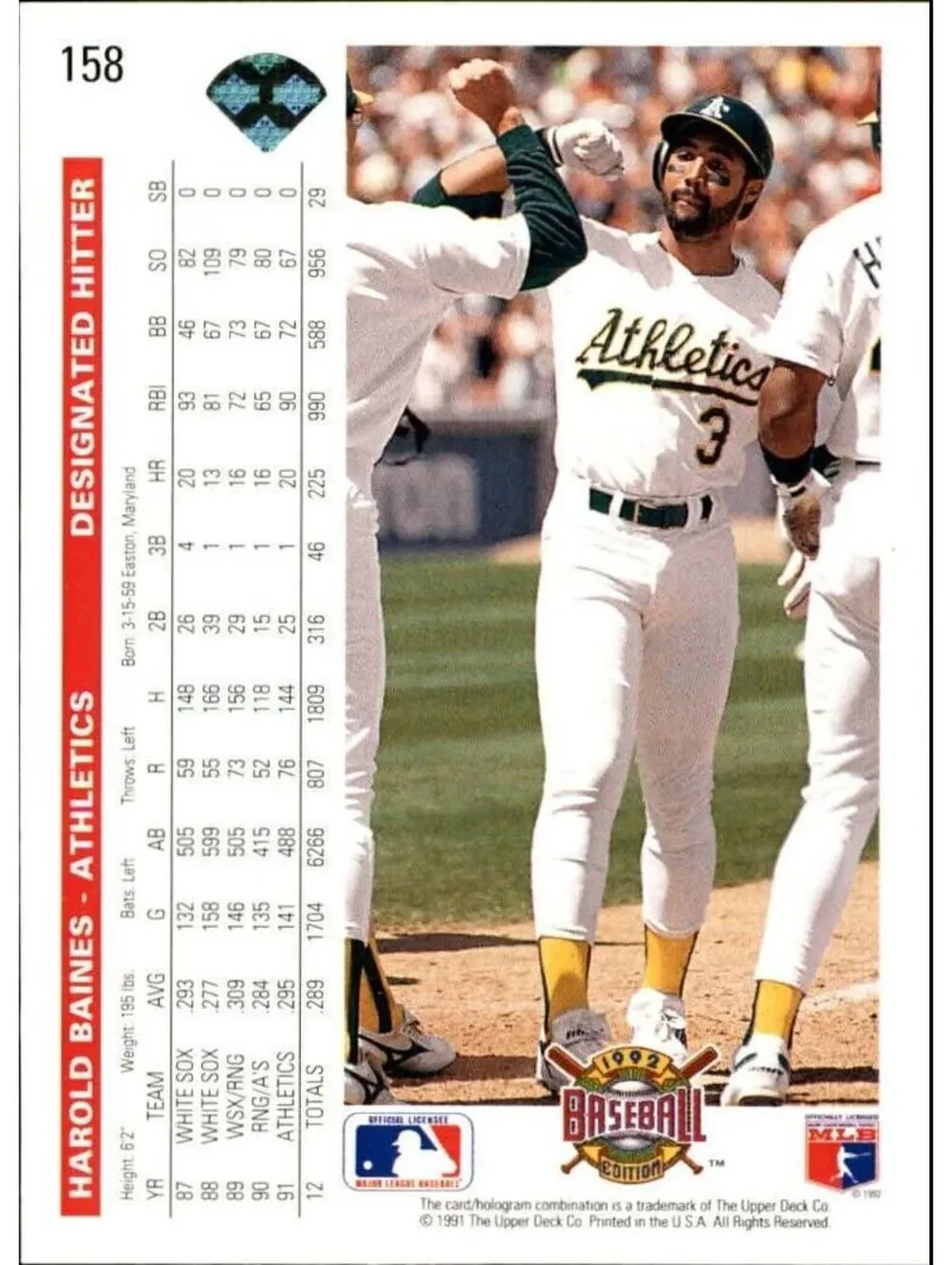 Harold Baines 1992 Upper Deck MLB #158 Baseball Card Oakland Athletics